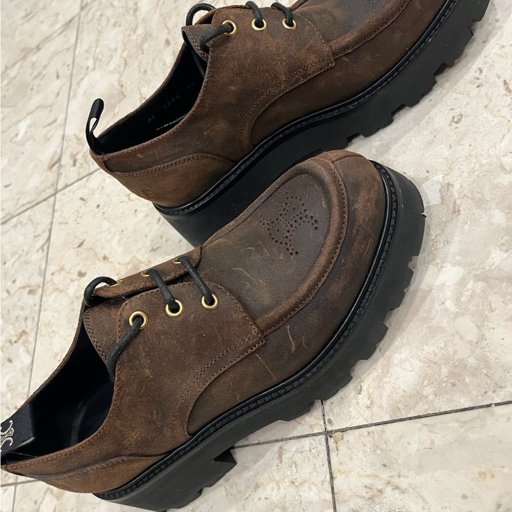 CELINE TRIOMPHE DERBIE Boots, Waxed Suede Shoes Women’s Sz 39 / 8.5 US - Picture 10 of 13